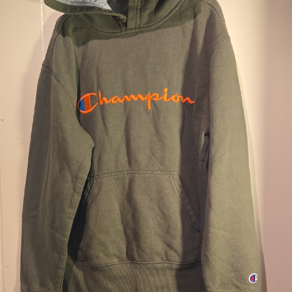 NWOT Champion Olive Green Hoodie with Orange Logo